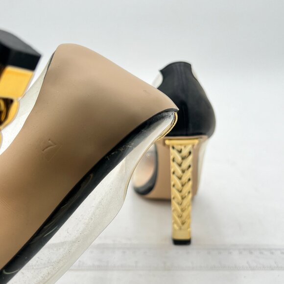 FSJ Gold Clear Gold Metal Chain Chunky High Heel Pointed Toe Slip On Pumps - Picture 6 of 8